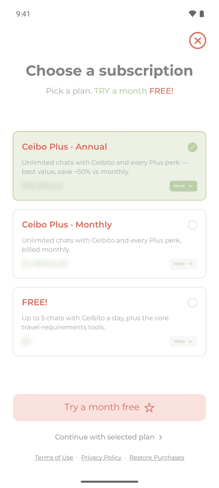 The Ceibo Plus screen to finish the tour, with a free month to try it