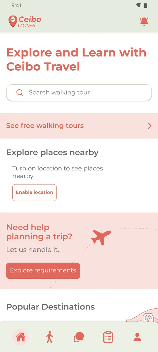 The Ceibo Travel app home screen